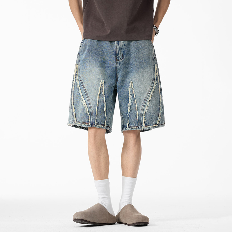 Shorts Denim Frayed - Celana Pendek Denim Baggy Pria, Jahitan