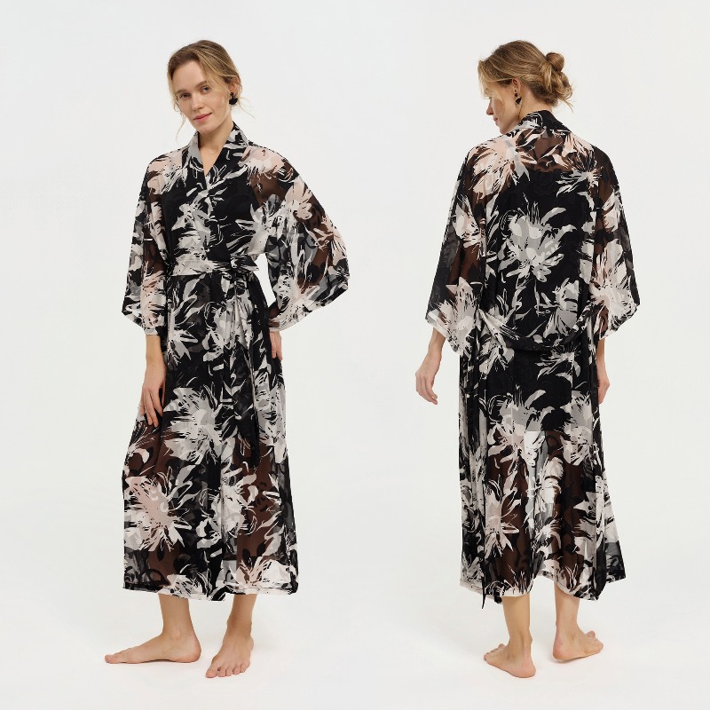 Kimono Sheer Floral - Kimono Wanita Motif Bunga Hitam Putih