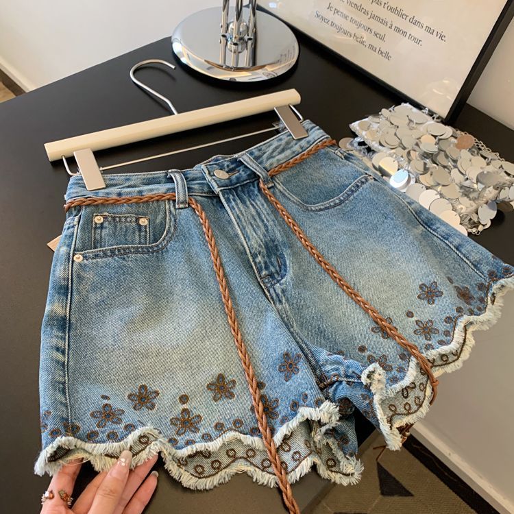 Shorts Denim Frayed - Celana Pendek Denim Vintage Wanita Bernapas,