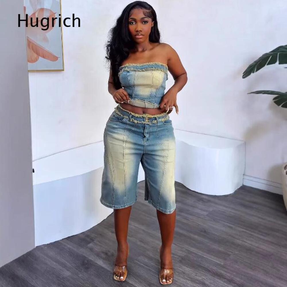 Set atasan crop top tanpa tali - Shorts Denim Frayed ulasan dan harga